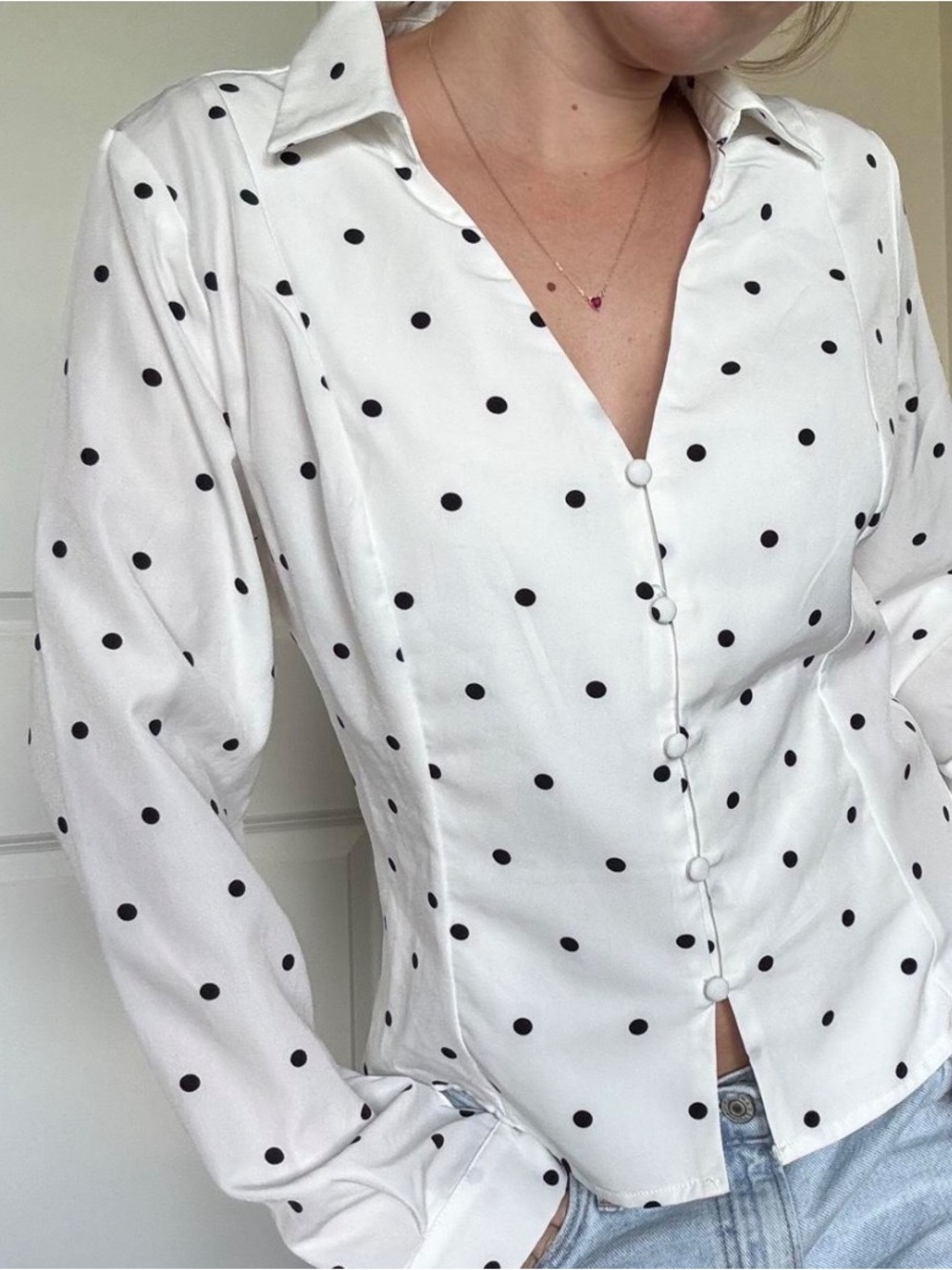 Polka Dot Button-Front Blouse - White with Black Dots, Size Med